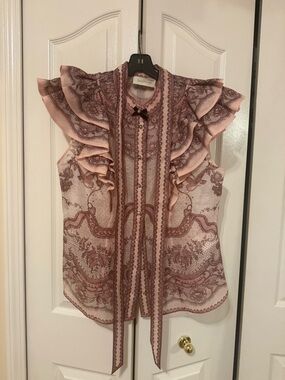Zimmermann Pink Paisley Ruffle Tie-Neck Blouse